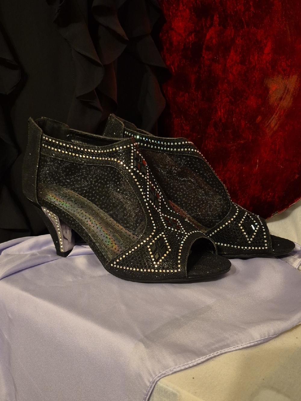 WS44- Black Sparkle Peep-Toe Heels with Rhinestone Trim - 9